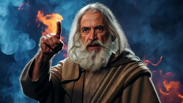An old prophet of God with finger raised warning people of theirs sins and appealing to repentance 4K