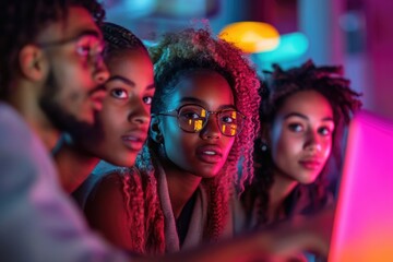 Four young adults, illuminated by vibrant neon lights, intently focus on a computer screen, showcasing collaboration and technological engagement.