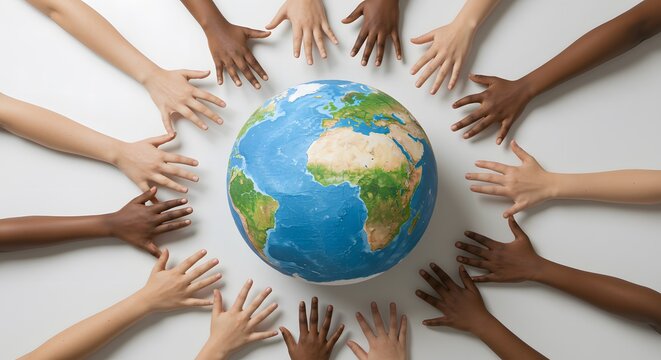 AI image presenting a top-down view of diverse hands forming a circle around planet Earth, representing global unity, cooperation, and care.