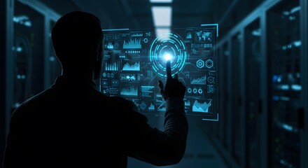 AI image shows a silhouetted man interacting with a futuristic holographic dashboard displaying data analytics in a server room environment.