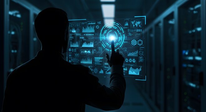 AI image shows a silhouetted man interacting with a futuristic holographic dashboard displaying data analytics in a server room environment. - Powered by Adobe