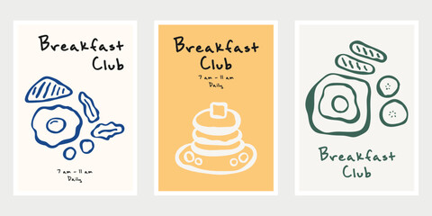 Hand drawn breakfast poster. Set of doodle food poster design template. Vector illustration