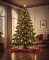 Ornate Christmas tree, glowing lights, cozy room,  ornaments,  wood,  atmosphere