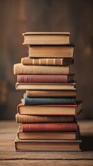Una pila de libros antiguos sobre una mesa de madera con un fondo oscuro y desenfocado.