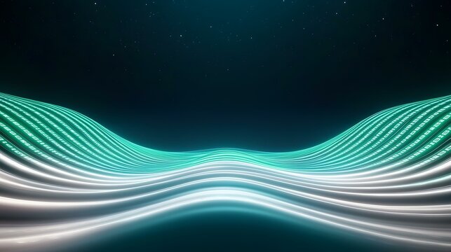 The image contains abstract wavy lines of light, glowing in shades of teal and white against a dark background reminiscent of a night sky.  The lines are subtly textured with binary code.