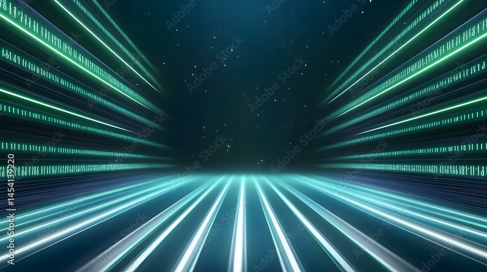 Poster a digital art piece depicting a futuristic, teal-lit corridor lined with binary code, creating a sen