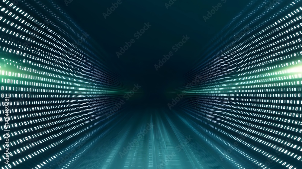 Poster a dark teal digital tunnel composed of binary code stretches into the distance, glowing brightly at 