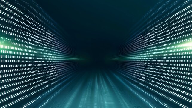 A dark teal digital tunnel composed of binary code stretches into the distance, glowing brightly at its vanishing point.
