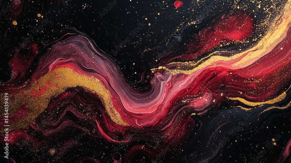 Poster Swirls of deep red, gold, and black come together to create an impactful abstract piece, demonstrating the dynamic interplay of color and form