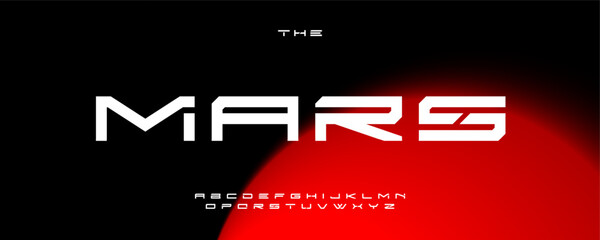 Futuristic space alphabet, angular sci-fi letters, bold tech font for space-age branding, digital headline, interstellar typography, galactic typographic design. Vector typeset. © artyway