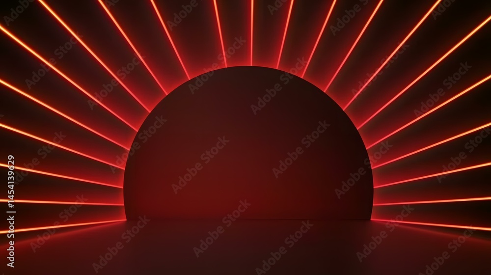 Poster a dark, moody scene features a semi-circular wall illuminated by vibrant red neon lights radiating o