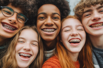diverse group of teenagers with metallic and ceramic braces laughing together