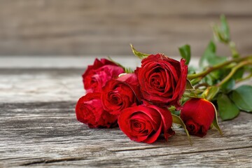 Naklejka premium Fresh red roses on rustic wooden table.