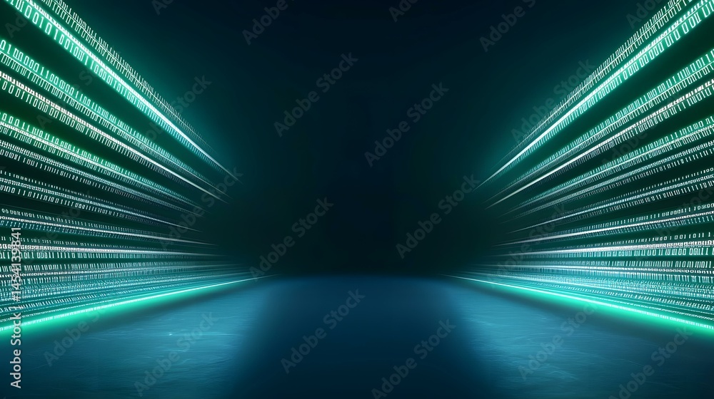 Poster a dark, abstract digital landscape featuring teal glowing lines of binary code receding into a deep,