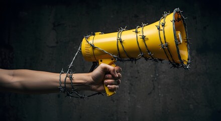 AI image of a hand gripping a yellow megaphone tightly bound and silenced by sharp barbed wire against dark background.