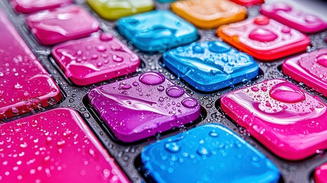 Array of brightly colored, wet, square, raised tiles