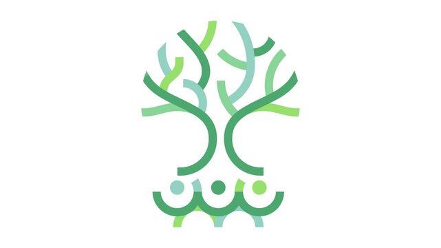 Abstract tree with roots formed by linked human figures, symbolizing unity, community, and nature graphic animation. Alpha channel. Transparent background motion design. 4K resolution