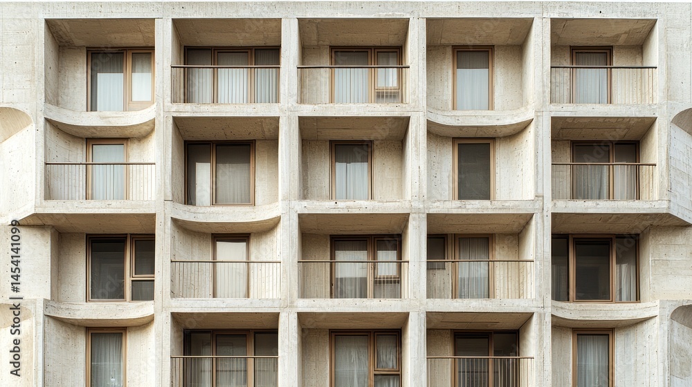 Aufkleber The building showcases a striking concrete structure with numerous windows and balconies. Each unit features a distinct curve, highlighting modern architecture in an urban environment