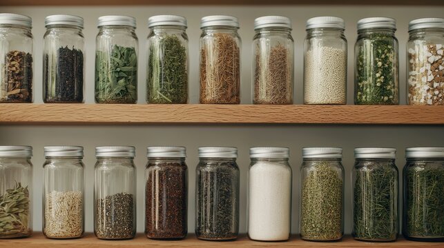 Glass jars filled with various herbs and spices are neatly organized on wooden shelves.