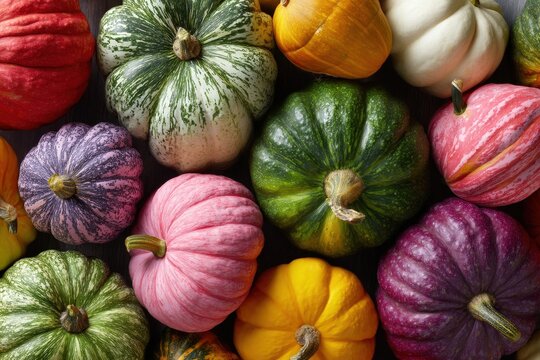 Colorful assorted pumpkins arranged in a vibrant display.