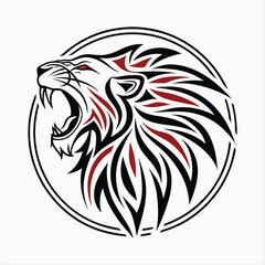 Tribal Roaring Lion Head Tattoo Design with Circular Pattern and Blue Accents.