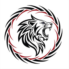 Tribal Roaring Lion Head Tattoo Design with Circular Pattern and Blue Accents.