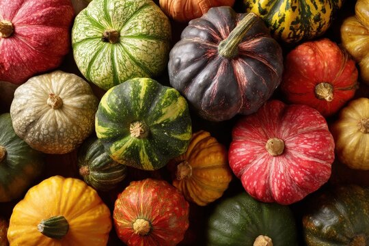 Colorful array of assorted autumn pumpkins.