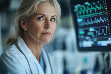 A serious female doctor looks intently at a medical monitor displaying vital signs, showing her focus and concern for her patient.