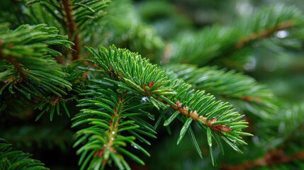 Fototapeta premium Close-up of lush green pine needles with dewdrops.