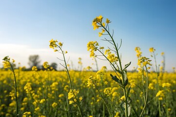 Fototapeta premium Blooming Mustard Field with Yellow Flowers under Clear Blue Sky.