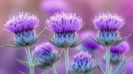 Obraz premium Purple thistle flowers blooming, field background, nature photography