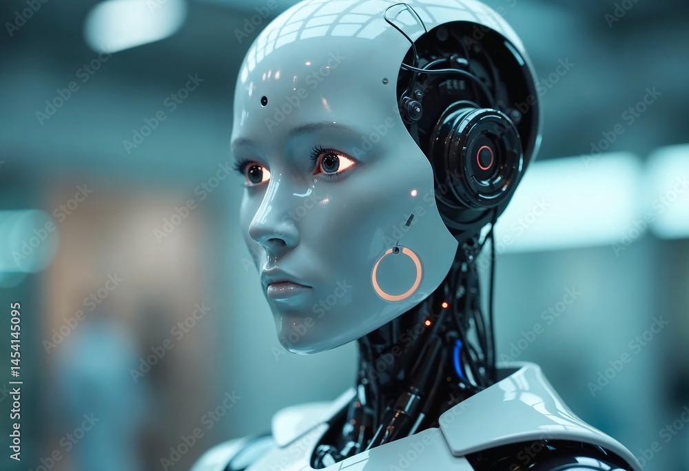 Poster close-up of a futuristic humanoid robot with a realistic face and illuminated circuits, set against 