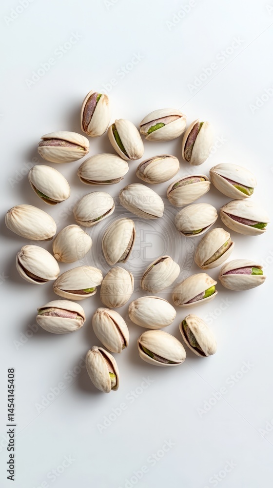 Aufkleber Many pistachios are arranged forming a circle on a white background, creating an interesting visual pattern with their shells slightly open, revealing the green nuts inside