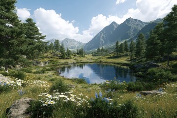 Fototapeta premium Serene mountain landscape with calm lake and wildflowers.