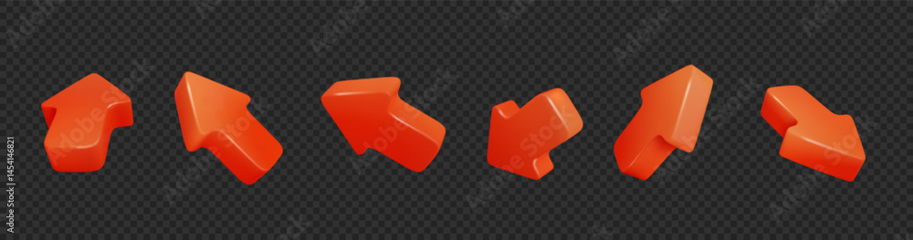 Poster red 3d arrow cursors isolated on transparent background. mouse arrows pointing in different directio