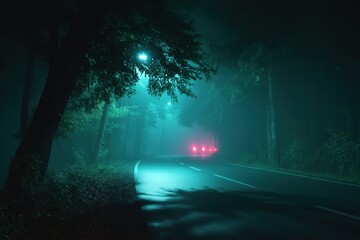 Misty forest road with glowing car taillights.