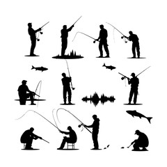 Fototapeta premium Fisherman Silhouette Set Clipart