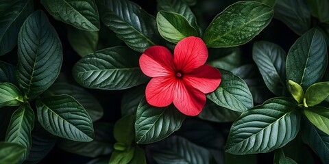 Vibrant Red Flower Among Dark Green Leaves in Natural Setting