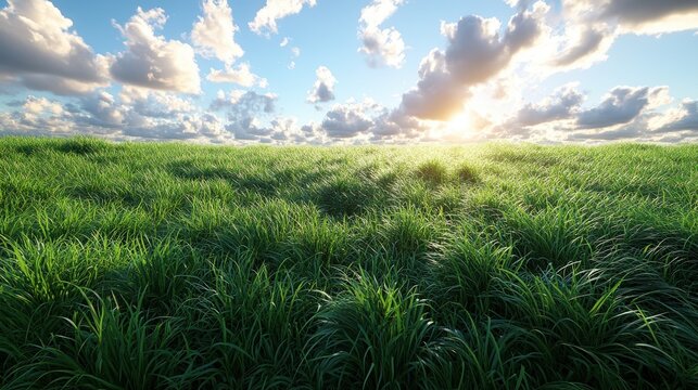 Green grass field extends to horizon under a partly cloudy, bright blue sky