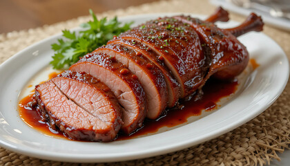 Sliced roasted duck with crispy skin, served on a white plate with glossy plum sauce, ultra-HD