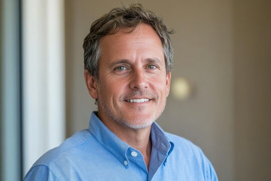A middle-aged man with short, graying hair smiles warmly in a blue shirt.