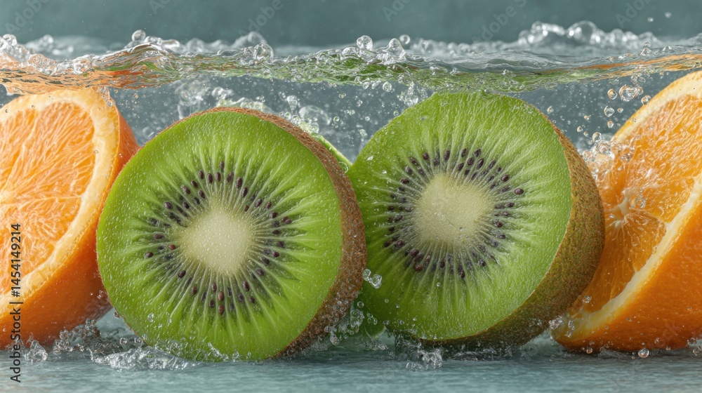 Poster Fresh kiwi and orange slices submerged in water creating a refreshing effect