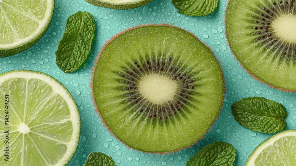 Poster fresh kiwi and lime slices with mint leaves on a turquoise background