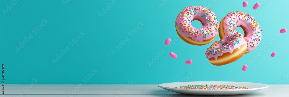 Poster two delicious pink icing donuts with colorful sprinkles levitating above a white plate with sprinkle