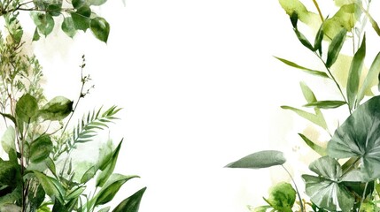 Fototapeta premium Gentle watercolor foliage with soft greens, browns, and yellows forming an elegant frame