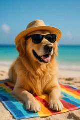 Golden Retriever enjoys a sunny day at the beach with a straw hat and sunglasses by the ocean