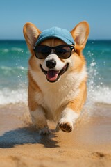 Corgi enjoys a lively beach day running in the sand and playing in the waves under a sunny sky