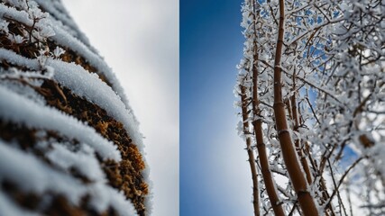 Frozen Bamboo Forest Under Blue Sky - Winter Scenery with Snow-Covered Branches Against Sky Backdrop with Sunlight