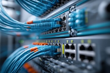 Close-up of blue network cables and switch in data center. High-speed internet technology concept with organized cable management and professional infrastructure.