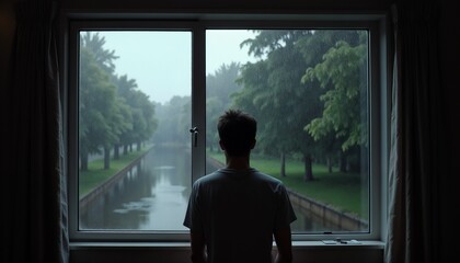 Silhouette of person looking out rainy window in sparse interior